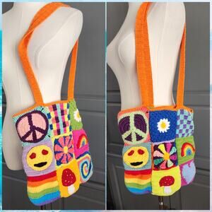 Crochet Granny Square Shoulder Tote Bag Handmade Rainbow Peace Afghan 12×12